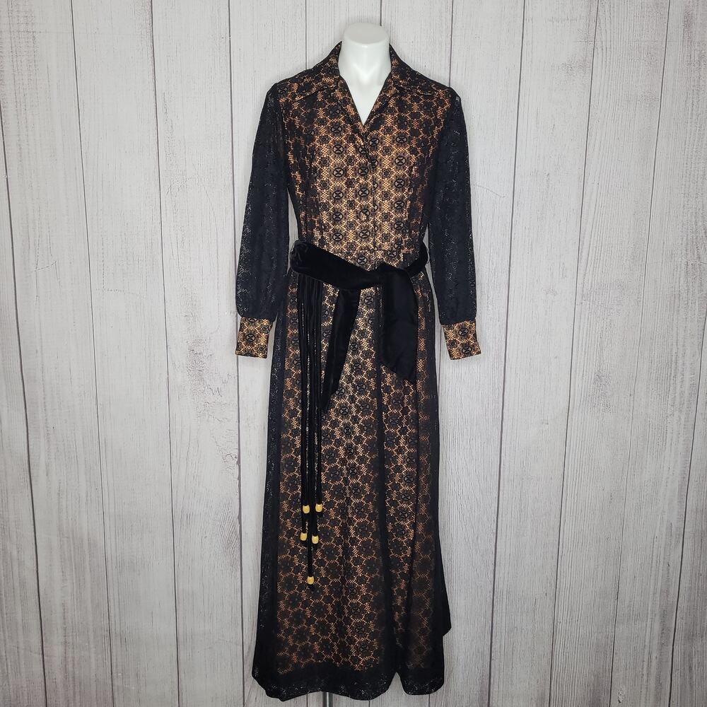 Vintage 70s Belted Black Lace V Neck Maxi Dress With Peach Underlayment
